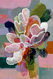 Midjourney generated image using SREF code Patchwork Pulse: A painting of a flower in a vase on a table.