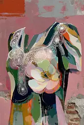 Midjourney generated image using SREF code Patchwork Pulse: A painting of a dress with a flower on it.
