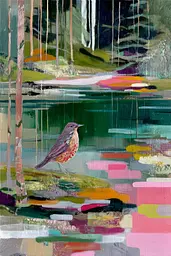 Midjourney generated image using SREF code Patchwork Pulse: A painting of a bird sitting on a rock in the water.