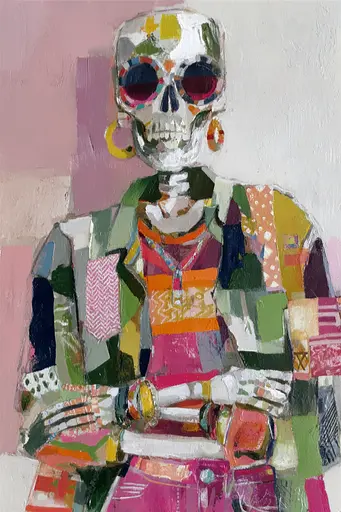 Midjourney generated image using SREF code Patchwork Pulse: A painting of a skeleton wearing sunglasses and a colorful jacket.