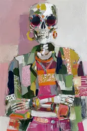 Midjourney generated image using SREF code Patchwork Pulse: A painting of a skeleton wearing sunglasses and a colorful jacket.