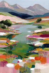 Midjourney generated image using SREF code Patchwork Pulse: A painting of a landscape with mountains in the background.