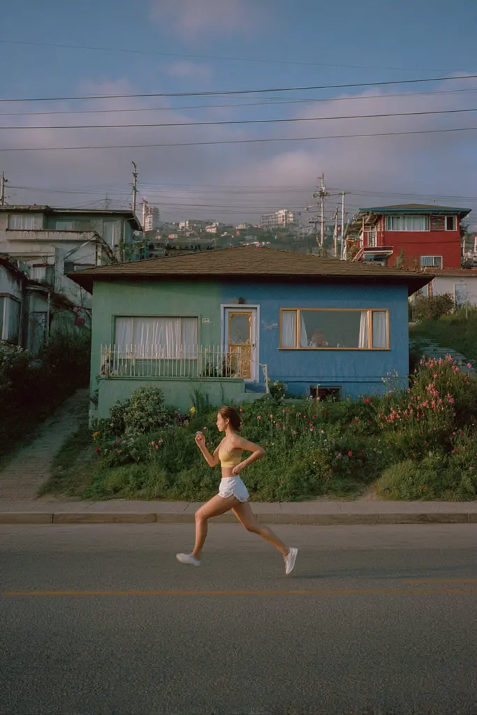 Midjourney generated image using SREF code Hushed Loomlight: A woman running down the street in front of a blue house.
