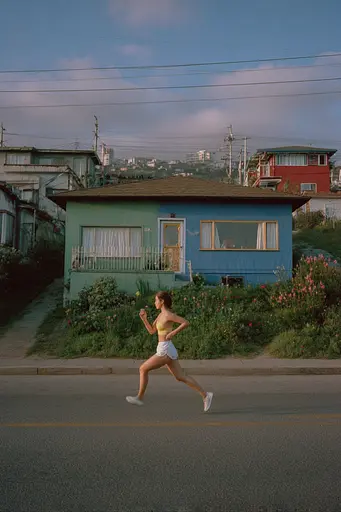 Midjourney generated image using SREF code Hushed Loomlight: A woman running down the street in front of a blue house.
