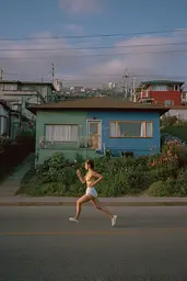 Midjourney generated image using SREF code Hushed Loomlight: A woman running down the street in front of a blue house.
