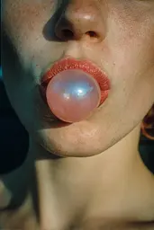 Midjourney generated image using SREF code Hushed Loomlight: A woman with a pink bubblegum in her mouth.