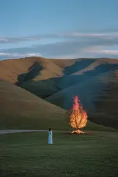 Midjourney generated image using SREF code Hushed Loomlight: A woman in a white dress standing in a field next to a fire.