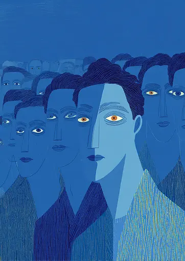 Midjourney generated image using SREF code Cerulean Quietude: A group of people with blue eyes in a crowd.