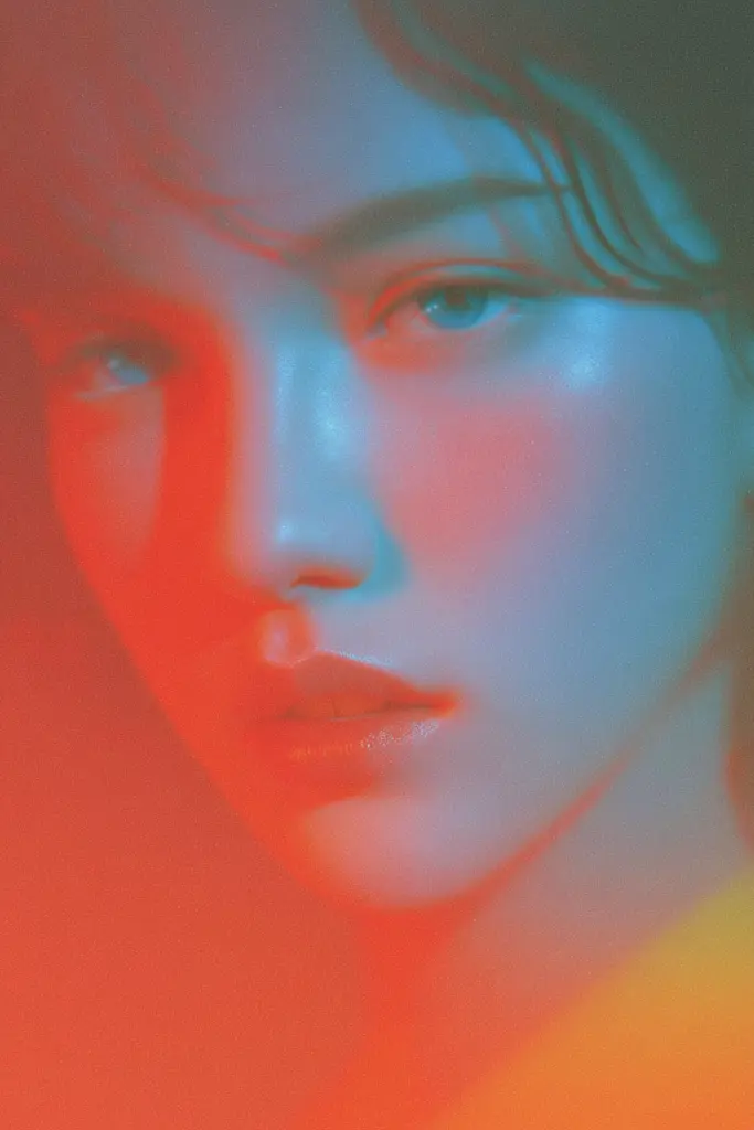 Midjourney generated image using SREF code Chromalume: a woman with blue eyes and a red background