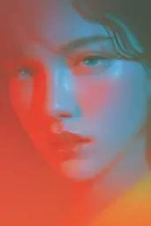 Midjourney generated image using SREF code Chromalume: a woman with blue eyes and a red background