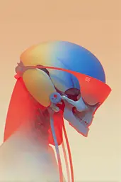 Midjourney generated image using SREF code Chromalume: A skull wearing a red and blue hat and sunglasses.
