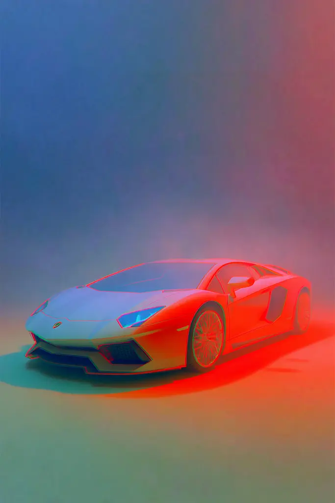 Midjourney generated image using SREF code Chromalume: A red and blue sports car on a colorful background.