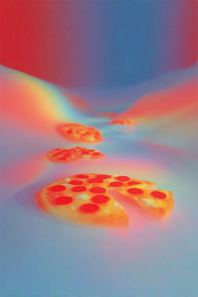 Midjourney generated image using SREF code Chromalume: A slice of pizza sitting on top of a table.