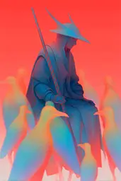 Midjourney generated image using SREF code Chromalume: A man in a blue robe and hat standing in front of a group of birds.