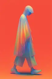 Midjourney generated image using SREF code Chromalume: A man walking in front of an orange background.