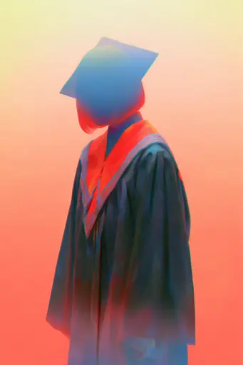 Midjourney generated image using SREF code Chromalume: A person in a graduation cap and gown standing in front of a colorful background.