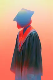 Midjourney generated image using SREF code Chromalume: A person in a graduation cap and gown standing in front of a colorful background.