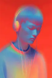 Midjourney generated image using SREF code Chromalume: A young man wearing headphones on a red background.