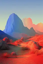 Midjourney generated image using SREF code Chromalume: A red desert landscape with rocks and mountains in the background.