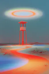 Midjourney generated image using SREF code Chromalume: A red lifeguard tower in the middle of a desert.