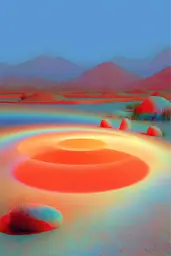 Midjourney generated image using SREF code Chromalume: A picture of a desert landscape with rocks in the sand.