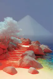Midjourney generated image using SREF code Chromalume: A 3D rendering of a desert landscape with rocks and trees.