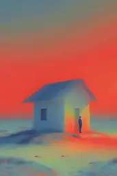 Midjourney generated image using SREF code Chromalume: A painting of a person standing in front of a house.