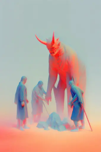 Midjourney generated image using SREF code Chromalume: A group of people standing around a giant monster.