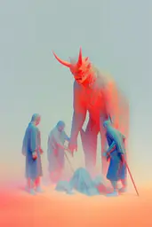 Midjourney generated image using SREF code Chromalume: A group of people standing around a giant monster.