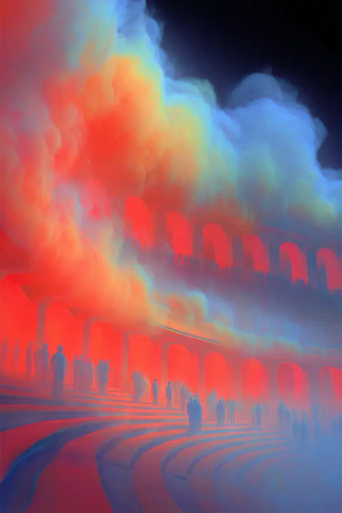 Midjourney generated image using SREF code Chromalume: A group of people standing in front of a building covered in smoke.