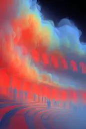Midjourney generated image using SREF code Chromalume: A group of people standing in front of a building covered in smoke.