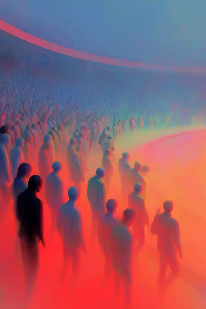 Midjourney generated image using SREF code Chromalume: A large group of people standing in front of a crowd.