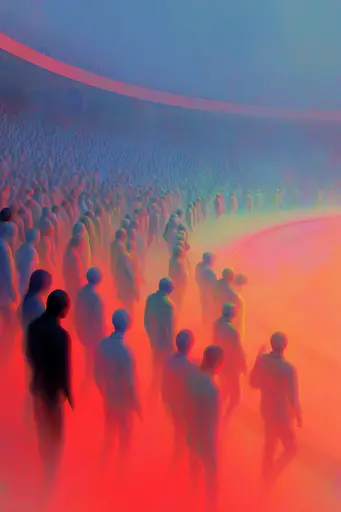 Midjourney generated image using SREF code Chromalume: A large group of people standing in front of a crowd.