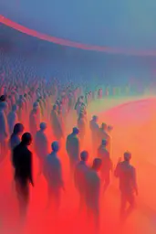 Midjourney generated image using SREF code Chromalume: A large group of people standing in front of a crowd.