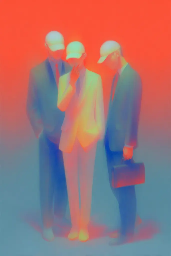 Midjourney generated image using SREF code Chromalume: Three men in suits and hats standing next to each other.