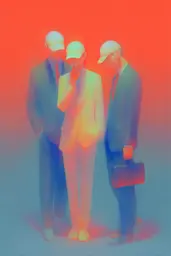 Midjourney generated image using SREF code Chromalume: Three men in suits and hats standing next to each other.