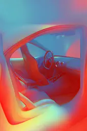 Midjourney generated image using SREF code Chromalume: The interior of a car with a steering wheel and dashboard.
