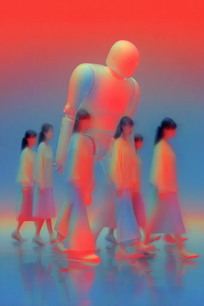 Midjourney generated image using SREF code Chromalume: A group of people walking in a line with a robot.