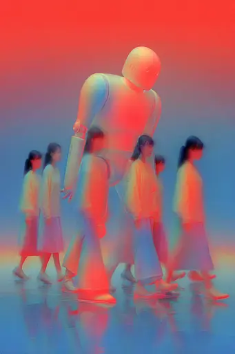 Midjourney generated image using SREF code Chromalume: A group of people walking in a line with a robot.