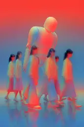 Midjourney generated image using SREF code Chromalume: A group of people walking in a line with a robot.