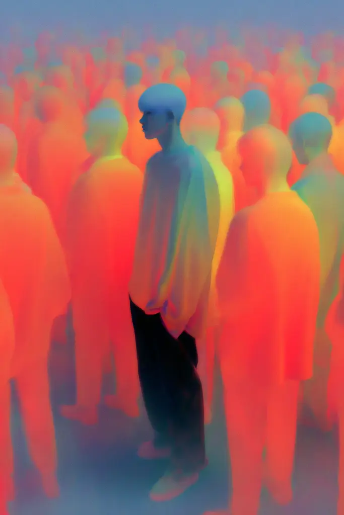 Midjourney generated image using SREF code Chromalume: A group of people standing in a crowd of people.