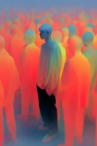 Midjourney generated image using SREF code Chromalume: A group of people standing in a crowd of people.