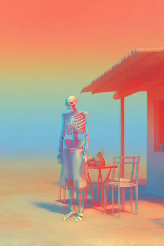 Midjourney generated image using SREF code Chromalume: A skeleton standing in front of a table and chairs.