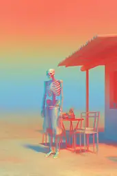 Midjourney generated image using SREF code Chromalume: A skeleton standing in front of a table and chairs.