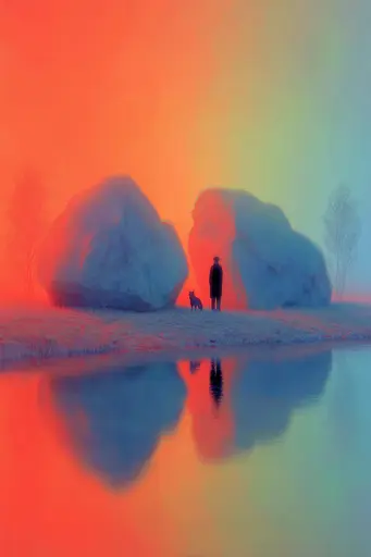 Midjourney generated image using SREF code Chromalume: A person standing in front of a body of water with a dog.