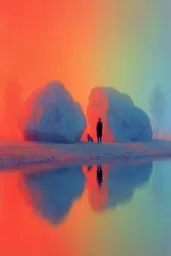 Midjourney generated image using SREF code Chromalume: A person standing in front of a body of water with a dog.