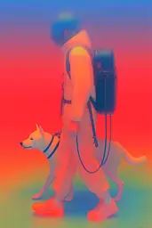 Midjourney generated image using SREF code Chromalume: A man walking a dog with a backpack on his back.