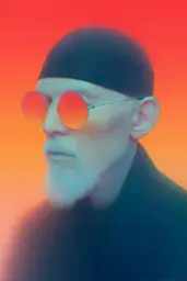 Midjourney generated image using SREF code Chromalume: A man with a white beard wearing a black hat and sunglasses.