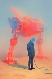 Midjourney generated image using SREF code Chromalume: A man standing in front of a giant robot.