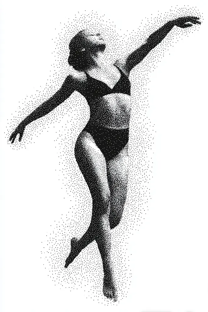 Midjourney generated image using SREF code Dotquake: A black and white drawing of a woman in a bathing suit.